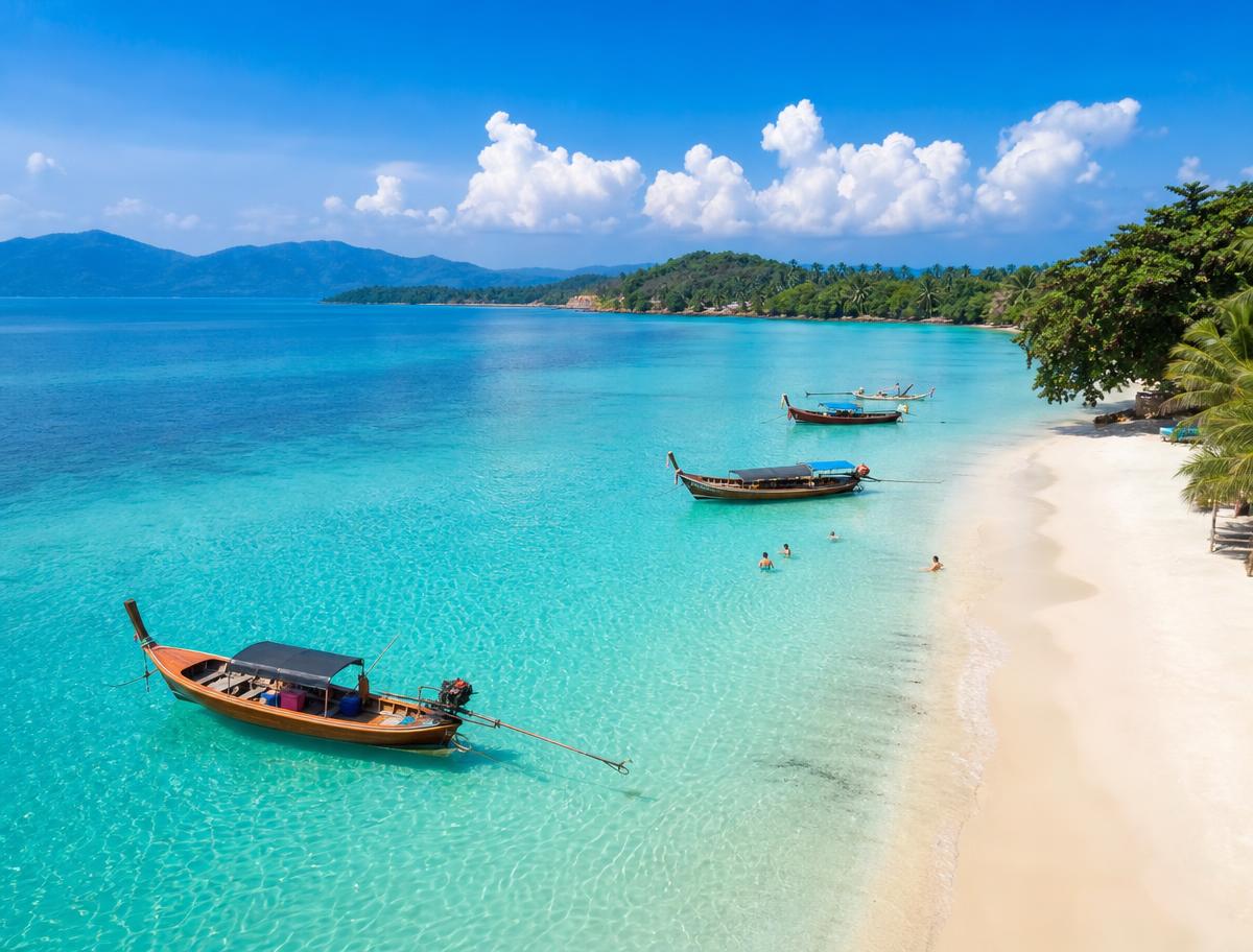 Aerial view of a turquoise beach with white sand and wooden boats